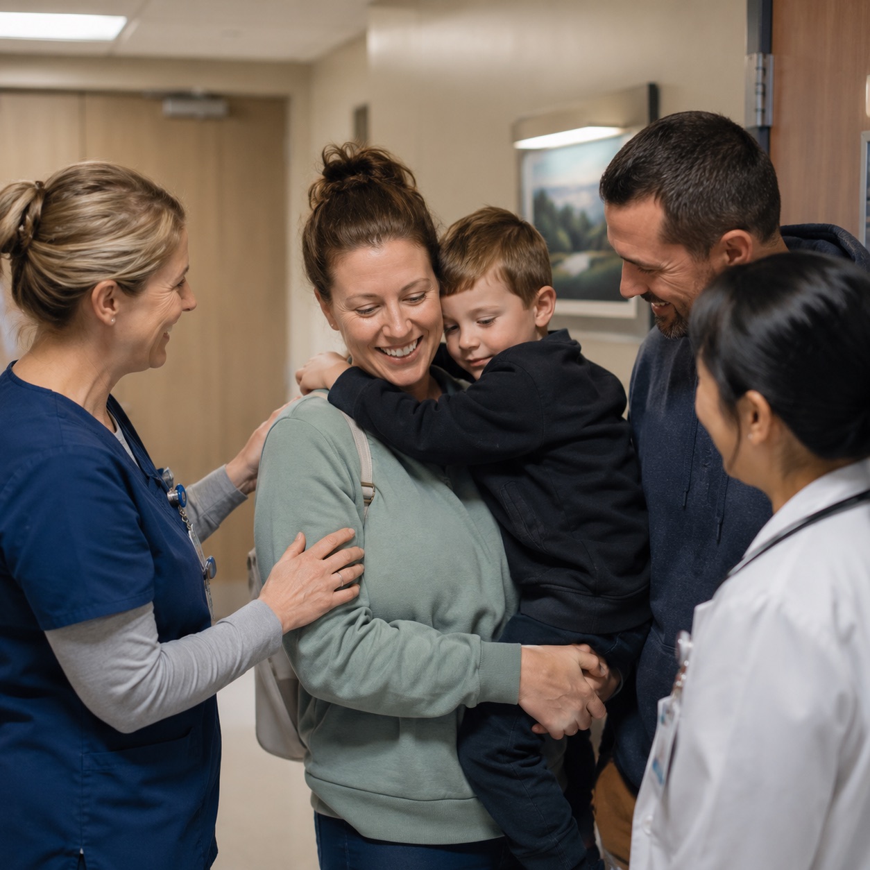 A family thanking their hospital care team