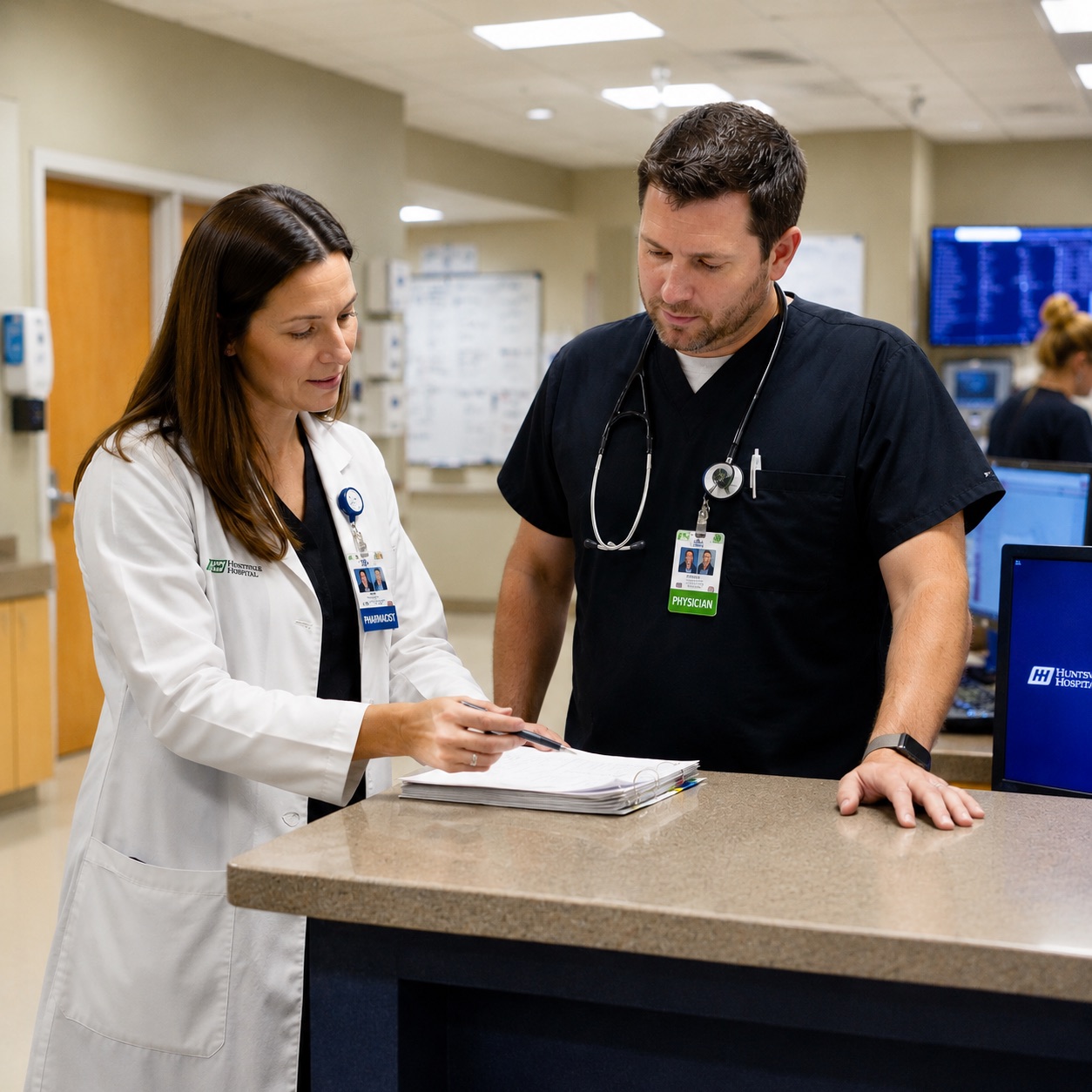 Pharmacist and physician reviewing medication orders together