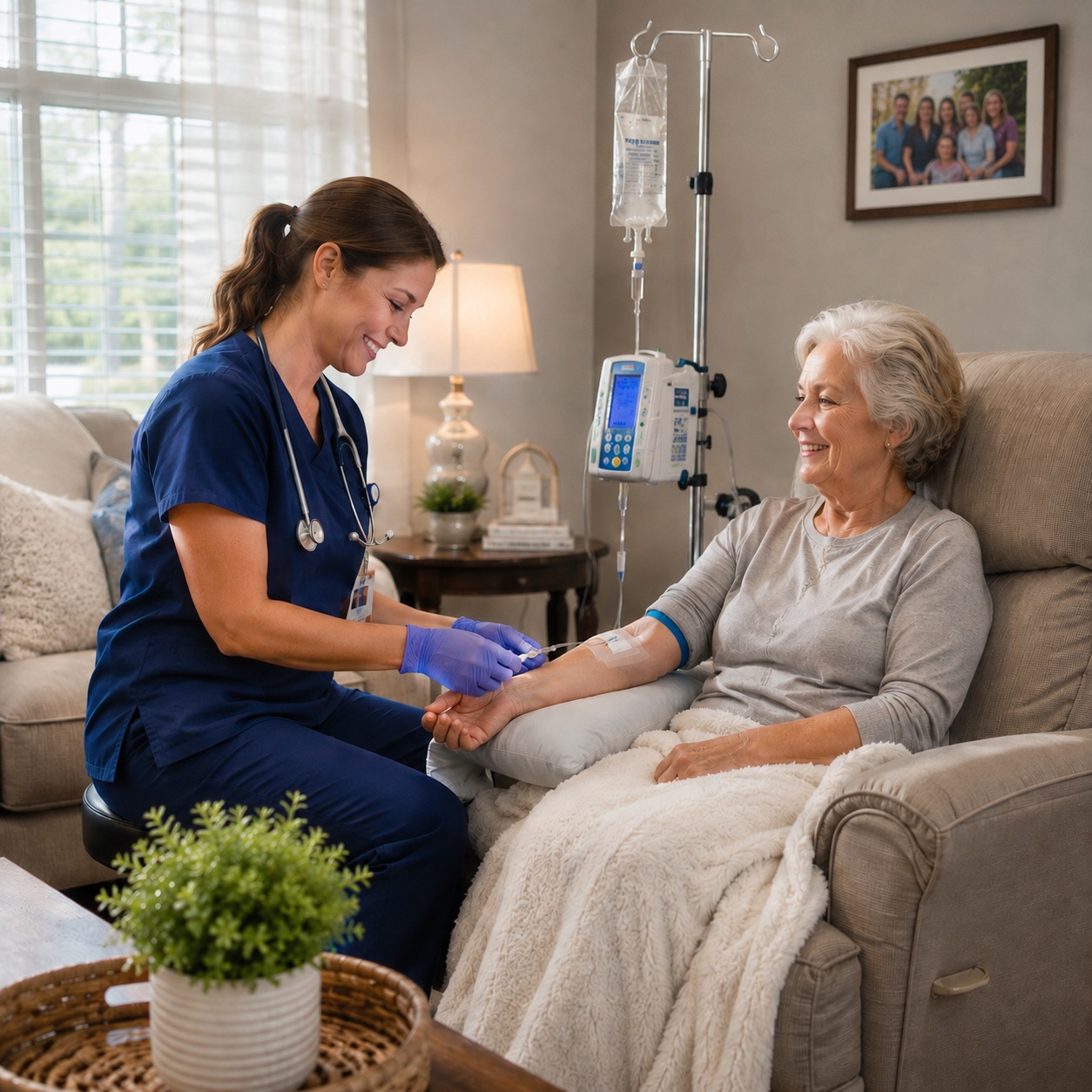 Nurse providing home infusion therapy to a patient