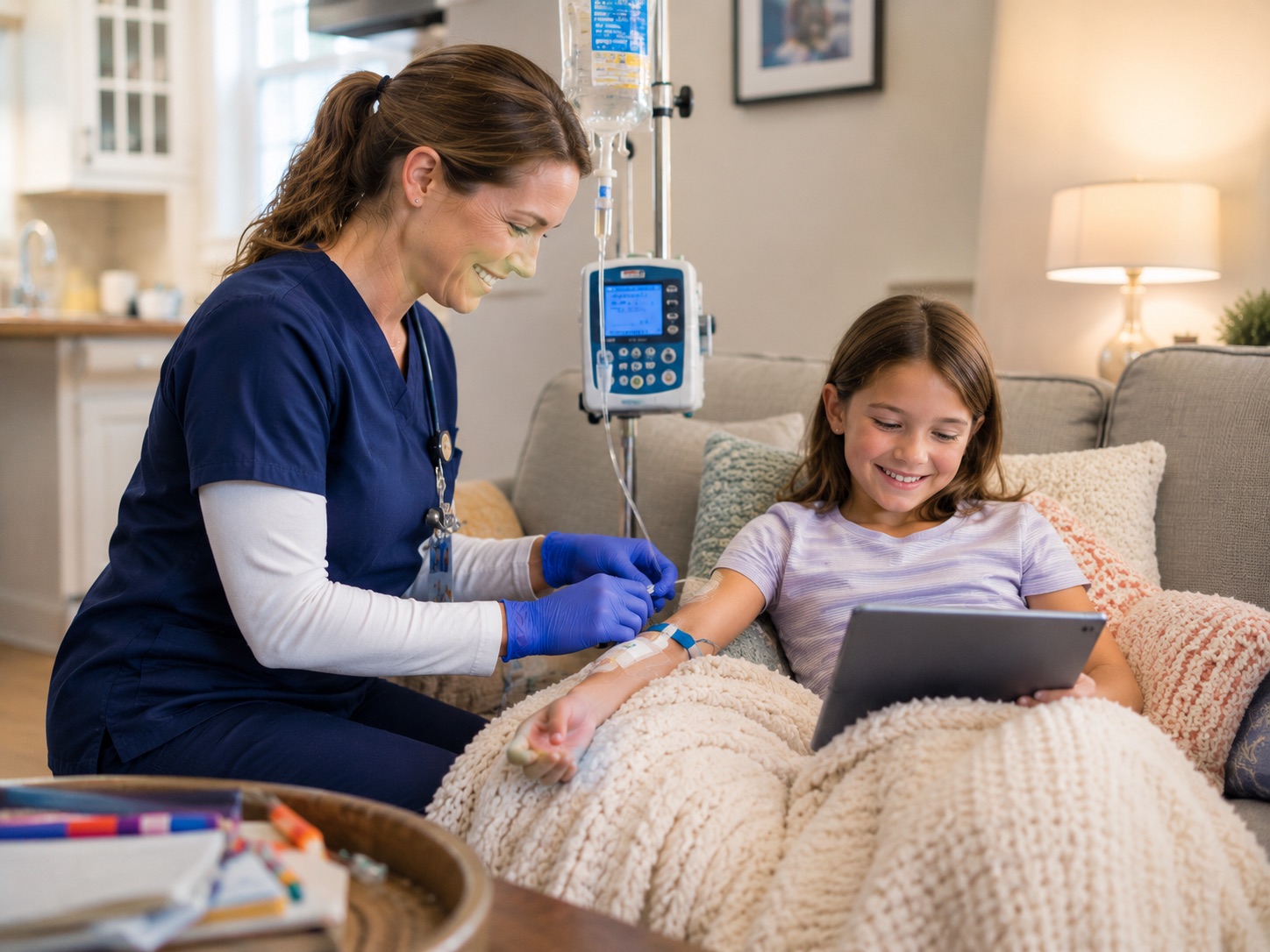 Nurse providing home infusion therapy to a pediatric patient
