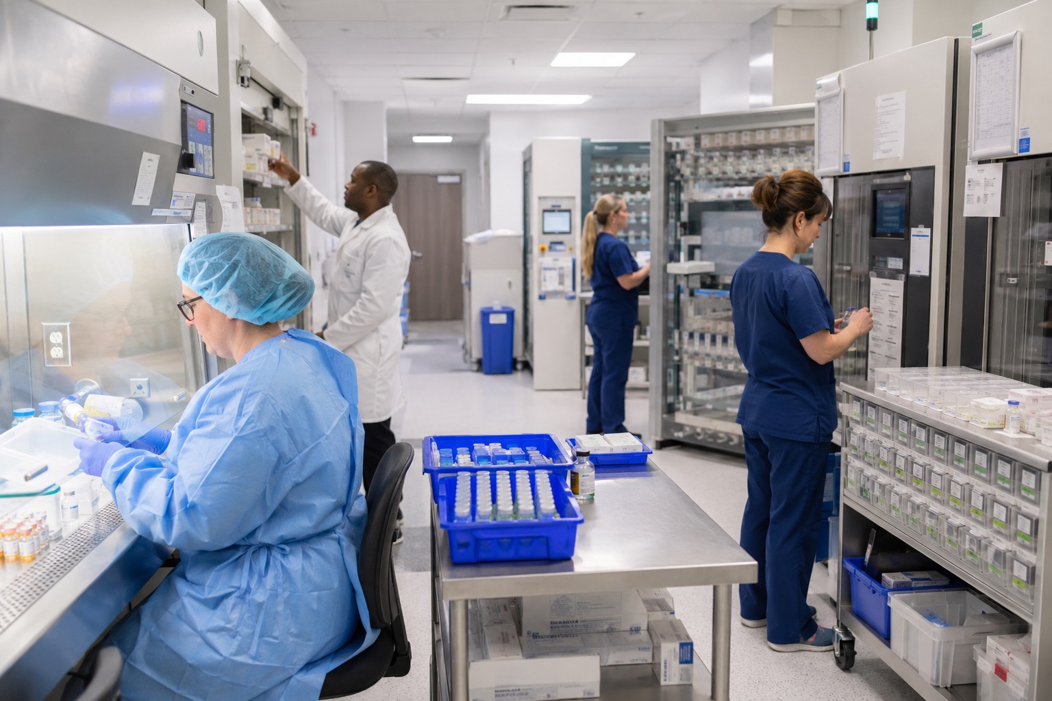 Pharmacy staff preparing medications in a hospital pharmacy