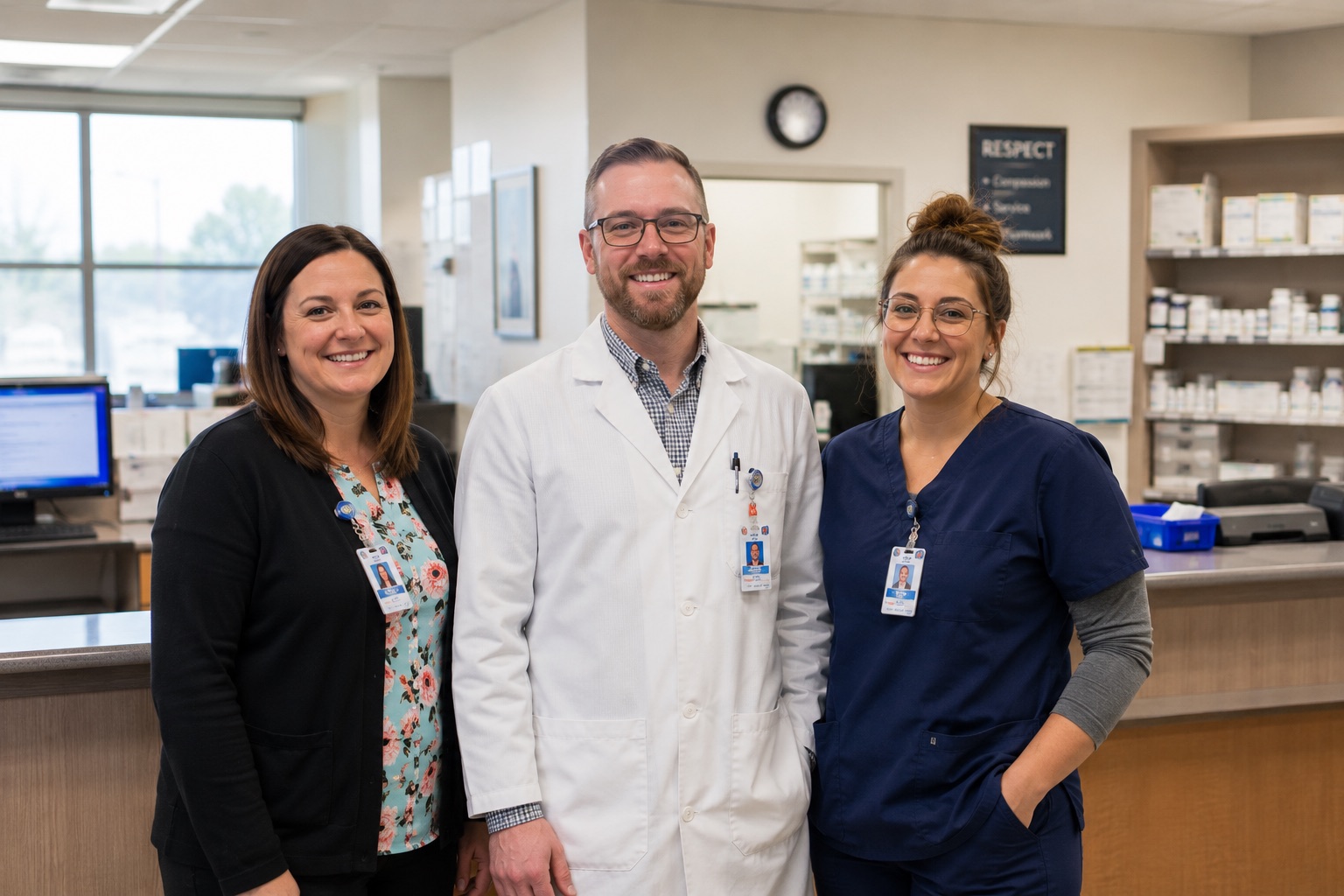 Hospital pharmacy team, pharmacist and technicians